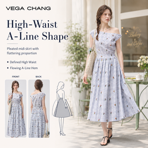 Vestido Midi de Mujer VEGA CHANG, Línea A, Azul Claro, a Cuadros, Asimétrico, de un Solo Hombro, con Manga Casquillo, Bordado Floral, Cintura Alta y Plisado - Product Image 2
