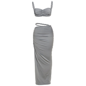 Fashion Ruched Bandage Sexy 2 Piece Sets Club Backless Decorative <strong>Cord</strong> Top and <strong>Skirt</strong> Dress Sets Summer Vacation Dress 3344 - Product Image 4