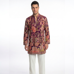 Luxury Purple Men’s Silk Kurta Tunic Hand Embroidered Floral Wedding Groom Wear Designer Short Ethnic Shirt Partywear Indian <b>Pak</b> - Product Image 1