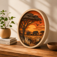 Boîte à souvenirs personnalisée : Coucher de soleil sur la savane africaine avec éléphant |   Scène de faune en bois d'acacia découpé au laser en contreplaqué de peuplier multicouche