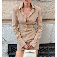 Robe Mini Élégante et Luxueuse pour Femme, Style Chemise à Col, Simple Boutonnage, Manches Longues Évasées, Taille Cintrée, Coupe Moulante Croisée