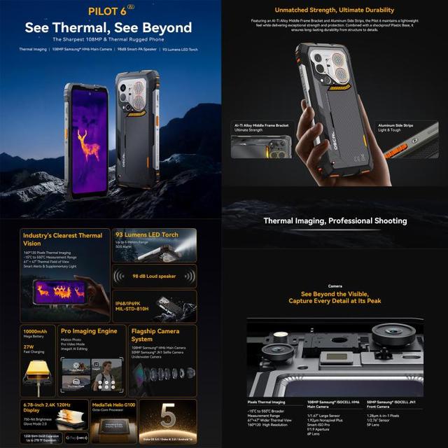 Blackview Oscal Pilot 6 Thermal Rugged Phone 12GB+256GB Night Vision Camera 6.78 Inch Android 16 OTG NFC MediaTek 5G Smartphone