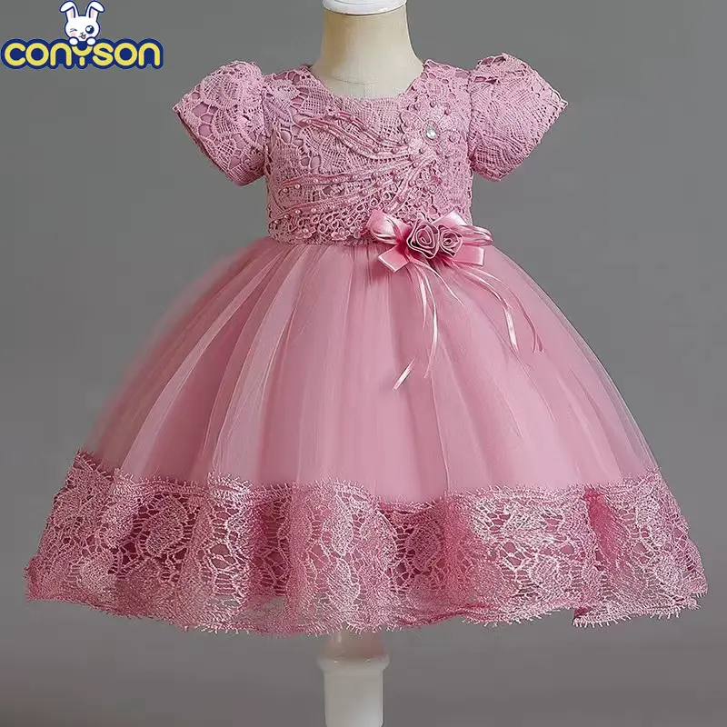 Conyson Hot Wholesale European Style Embroidery Design Frill Hem Solid Puff Sleeve Elegant New Girls floral Princess Dress