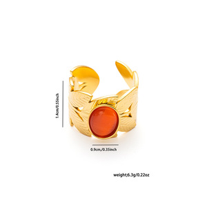 Anello Vintage in Acciaio Inossidabile Placcato Oro 18K con Motivo a Foglia e Pietra Ovale Colorata, Anello Aperto Regolabile Estetico per Donne e Uomini - Product Image 6