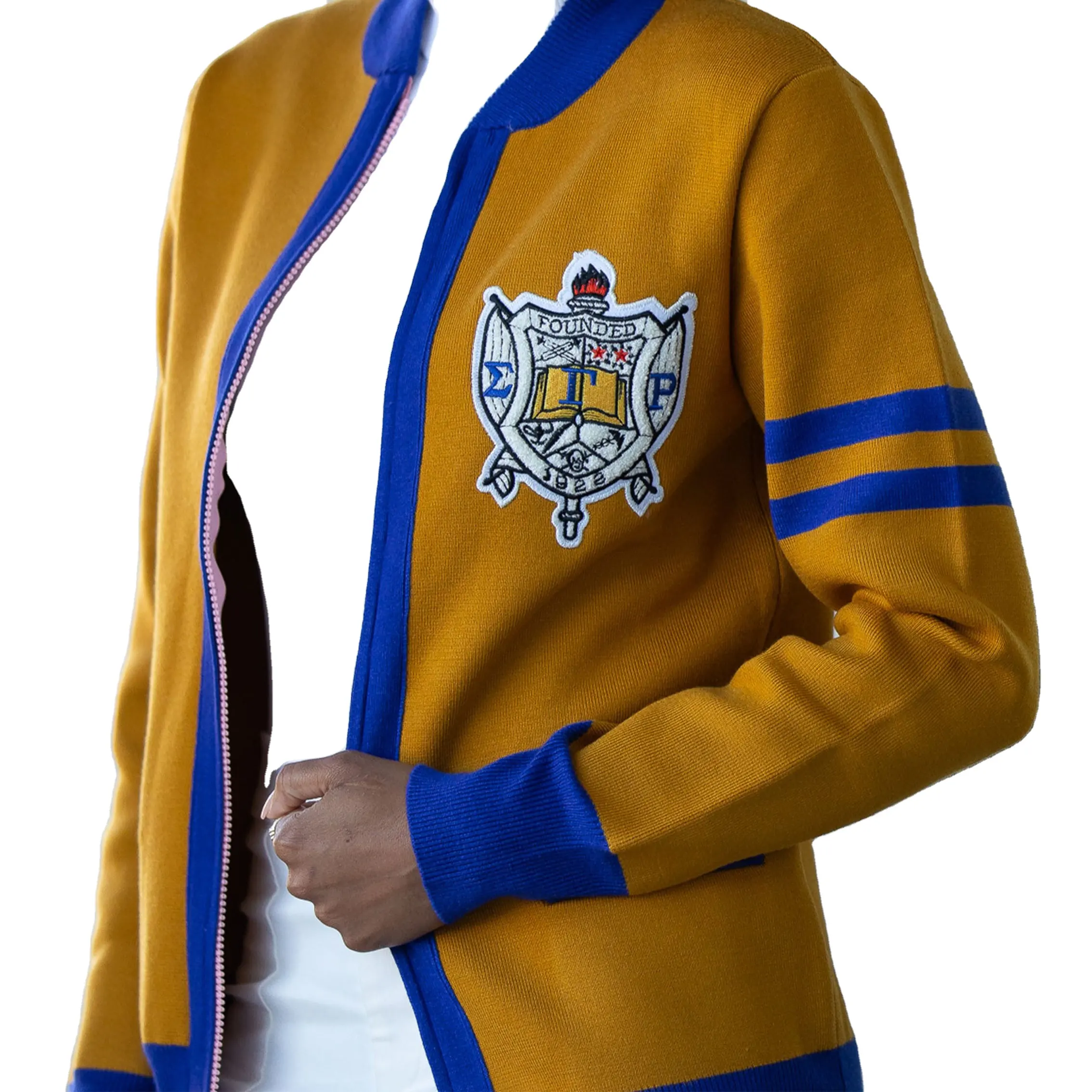 custom OEM ODM manufacturer women sweater knitted Sorority gold royal blue Old School Classic Cardigan
