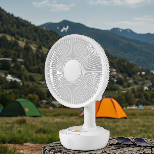 50W Solar Panel Powered 12 Inch AC DC Rechargeable Fan 5 Blades Copper Motor 3 Speed Adjustable With LED Bulb Lights