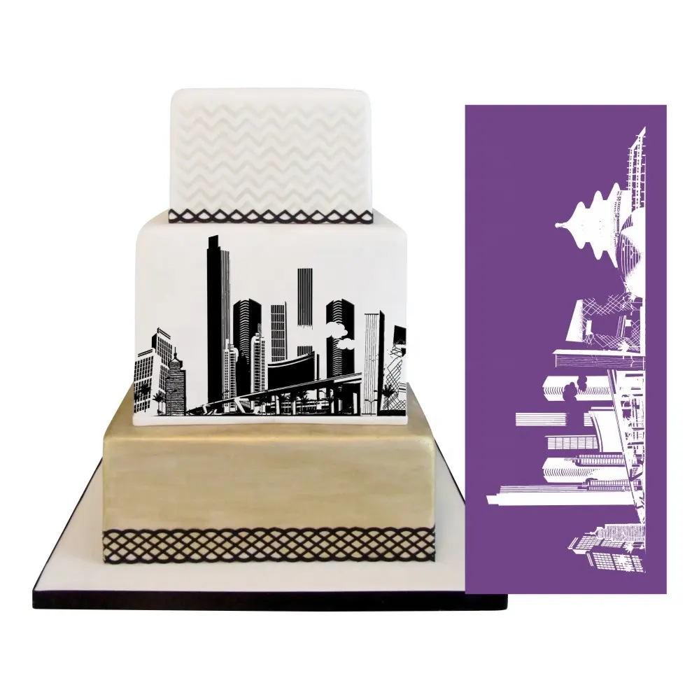 AK Skyscrapers Mesh Stencils for Royal Icing Lace Cake Stencils Fondant Cake Decorating Tools for Bakery Cookie Stencil MST-37