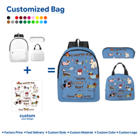 Sac à dos imprimé intégral motif véhicule de dessin animé bleu, ensemble trois pièces, sac à dos scolaire en polyester pour enfants, sac à déjeuner assorti, logo personnalisé