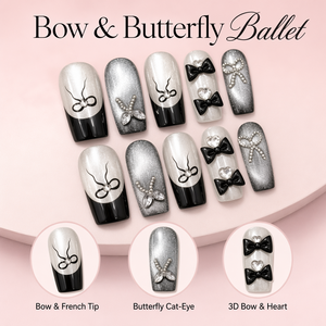 Hand Painted Black French Bow Dense Cat Eye Flash Zircon Rhinestone Sweet Cool White PMMA Almond Luxury Press on Nails Wholesale - Product Image 2