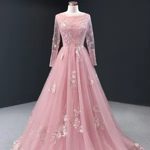 Manufacturer Custom made Long Sleeve Tulle Prom Dresses Elegant Golden flower edge wedding dresses
