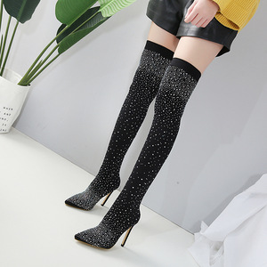 Bottes longues pour femme, grande taille 43, sexy, longues, au-dessus du genou, en tricot élastique, talon aiguille, bottes cuissardes pour femmes - Product Image 4