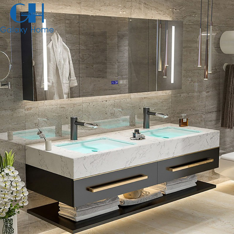 Mueble de baño moderno europeo, conjunto de tocador de madera con doble lavabo, montado en la pared