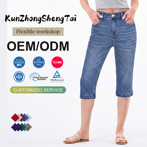 Jeans Capri de Cintura Alta Azul Oscuro para Mujer Talla Grande, Capris de Mezclilla Elástica hasta la Rodilla, <span class=keywords><strong>Pantalones</strong></span> Capri de Mezclilla Casuales para Mujer con Corte Curvo - Product Image 1