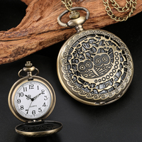 Collar con Colgante de Búho Tallado Retro, Reloj de Bolsillo de Cuarzo de Bronce Antiguo con Cadena