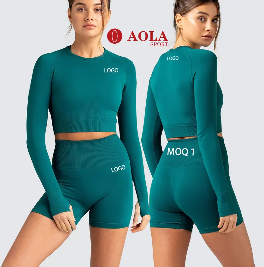 AOLA Set Yoga Olahraga Wanita, Tanpa Kelim Baju Fitness Gym Atasan Crop Lengan Panjang Legging Pinggang Tinggi Baju Olahraga