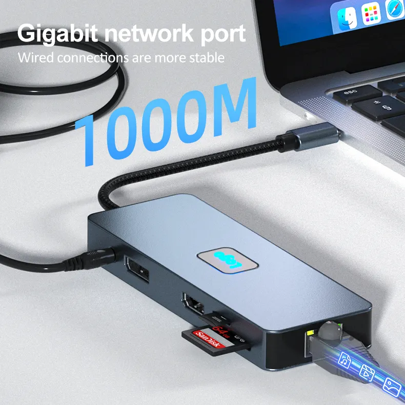 Justlink 11 in 1 USB-Hub TYPE C HDMI 4 K 60 Hz DP VGA USB3.2 10 Gbps Gigabit Netzwerk-Port 1000 Mbps SD TF 3,5 mm Adapter Audio Lagerbestand