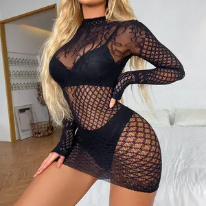 Factory wholesale sexy underwear long sleeve bag hip skirt short hollow backless net dress tights Best-selling underwear