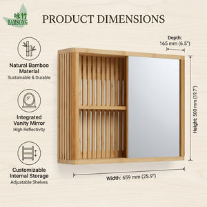Moderno y Minimalista Gabinete de <span class=keywords><strong>Baño</strong></span> <span class=keywords><strong>con</strong></span> Espejo y Listones de Bambú, <span class=keywords><strong>con</strong></span> Estantes Abiertos, Gabinete de Espejo de Vanidad Montado en la Pared para <span class=keywords><strong>Baño</strong></span> - Product Image 2