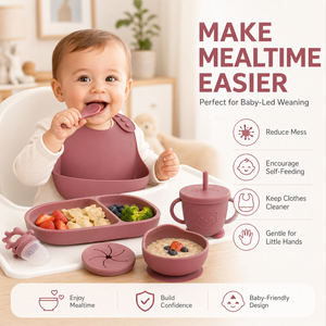 Ensemble d'alimentation pour bébé en <span class=keywords><strong>silicone</strong></span> OEM ODM : bavoir, assiette compartimentée, bol, tasse, cuillère <span class=keywords><strong>et</strong></span> fourchette à manche en <span class=keywords><strong>bois</strong></span> pour nourrissons <span class=keywords><strong>et</strong></span> tout-petits - Product Image 2
