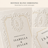 Suite d'invitations de mariage personnalisées avec monogramme en relief, design de cadre floral antique, invitation de mariage et carte RSVP assortie