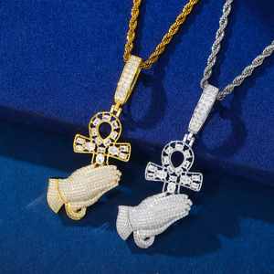 Bijoux spirituels en argent sterling 925 non ternissant, avec diamant Moissanite <span class=keywords><strong>de</strong></span> laboratoire, entièrement serti, pendentif main <span class=keywords><strong>de</strong></span> prière et croix Ankh pour hommes et femmes - Product Image 3