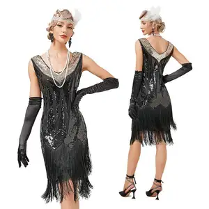 Phụ Nữ V Cổ 1920S Flapper Dress Gatsby Charleston Deco Sequin Bead Fringe Dress Tua Cocktail Prom Wedding Đảng Dress