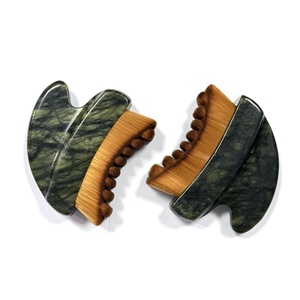 Cepillo de Masaje Facial Linfático de Jade Verde con Cerdas, Herramienta de Drenaje de Puntos de Acupuntura Gua Sha - Product Image 1