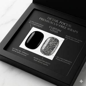 20 Tiras <span class=keywords><strong>de</strong></span> Uñas Postizas <span class=keywords><strong>de</strong></span> Gel con Purpurina Negra y Plateada, Sin UV, Marca Privada, Logotipo Personalizado, Colección <span class=keywords><strong>de</strong></span> Lujo Midnight, Venta al Por Mayor OEM - Product Image 2