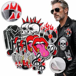 Parche bordado termoadhesivo y para coser al por mayor, con diseños de Punk Rock, Calavera, <span class=keywords><strong>Guitarra</strong></span>, Disco, Rayo, Labios, Señal de <span class=keywords><strong>mano</strong></span>, Música Gótica - Product Image 1
