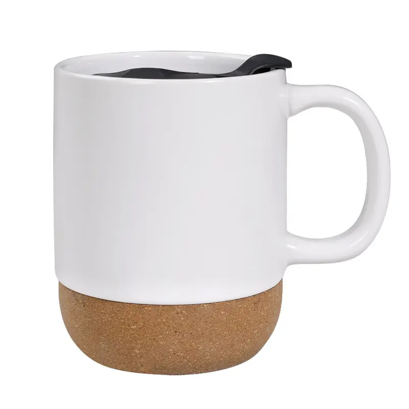 Tapas a prueba de derrames con fondo de corcho personalizado Taza de leche de café con marca de cerámica mate de 15OZ