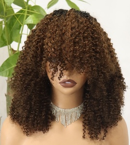 Pelucas de <span class=keywords><strong>Cabello</strong></span> Humano Afro Rizado con Reflejos Marrones y Flequillo, Listas para Usar, Sin Pegamento, Peluca Corta Rizada, Hecha a Máquina - Product Image 2
