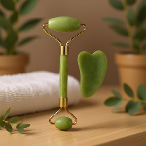 Ensemble de rouleau de jade et de Gua Sha Myrva, outil de massage facial en jade naturel, cadre métallique, commande manuelle, origine CN - Product Image 2