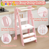 Tour d'apprentissage pliable rose pour tout-petits, tabouret d'aide en cuisine, marchepied en bois pour enfants, gain de place