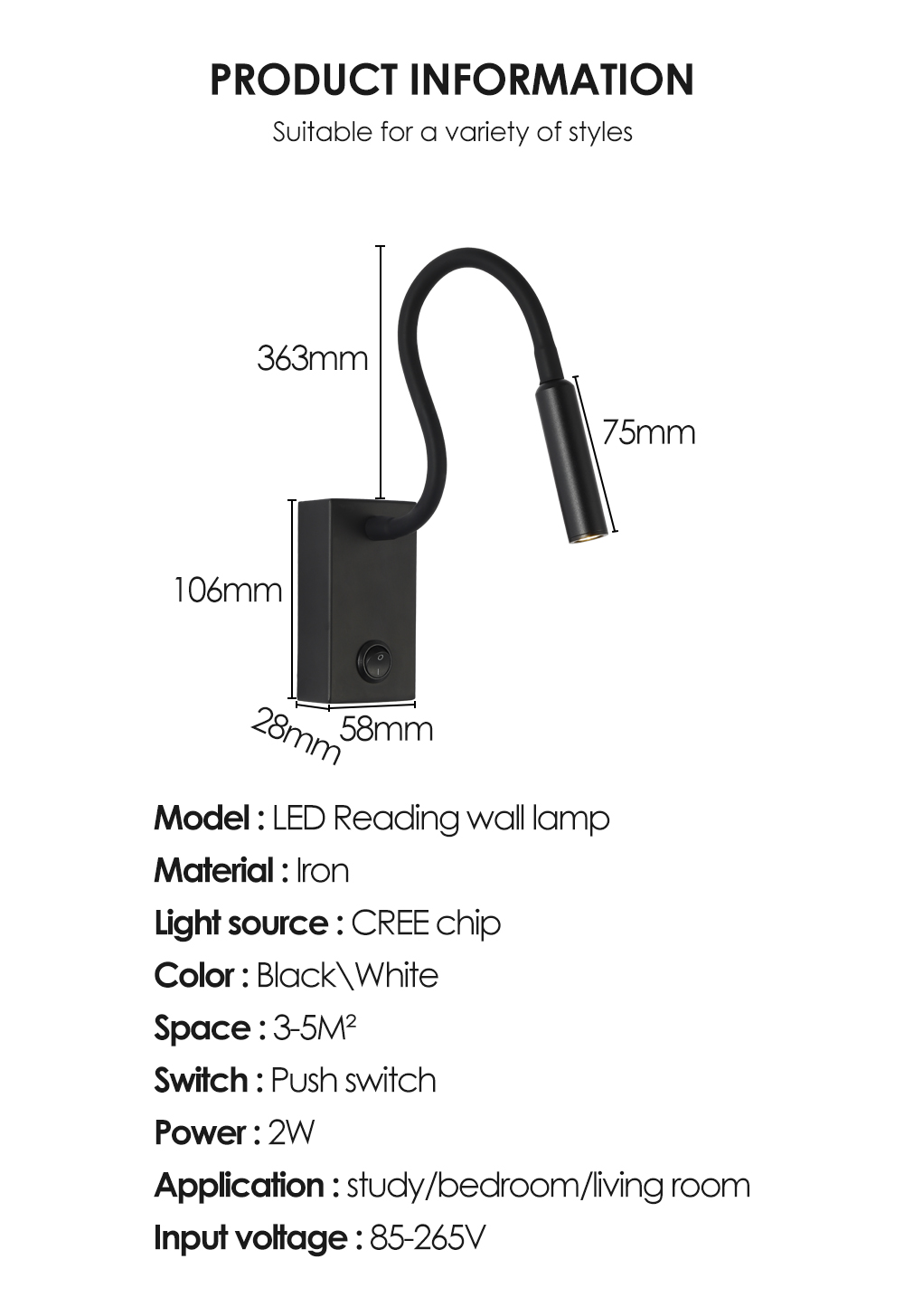 Nordic Wall Light Fixture Adjustable Head Wall Lamp Bedside Reading Black White Led Wall Lamp For Hotel