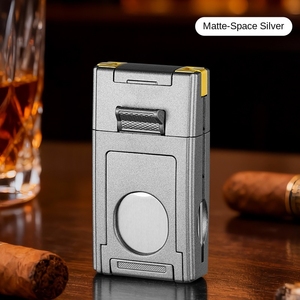 Briquet à double flamme pour cigares, coupe-vent, au butane, avec aiguille et coupe-cigare, outil multifonctionnel pour fumeurs, portable - Product Image 2
