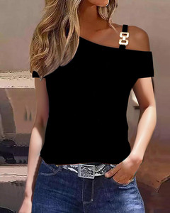Femmes Eté Chic Elégant Asymétrique <span class=keywords><strong>T</strong></span>-<span class=keywords><strong>shirt</strong></span> à Manches Courtes Imprimé One Shoulder Blouse <span class=keywords><strong>Femme</strong></span> Tendance 2025 - Product Image 4