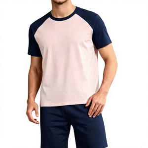 Men Solid <b>Navy</b> Ribbed Crew Neck T-Shirt Shorts Set Casual Knit Summer Outfit Breathable Waffle Texture Plain Dyed 180g Front - Product Image 2