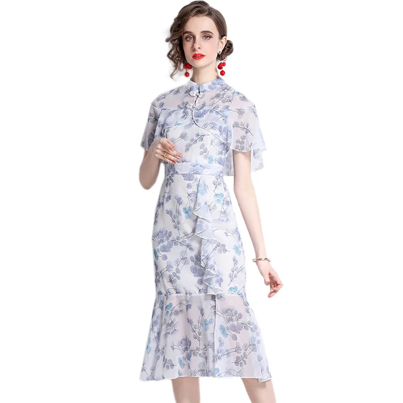 2022 F/W Chinese Cheongsam Style Ladies Short Sleeve Floral Retro Style Exquisite Flower Lotus Collar Fishtail One-piece Dress