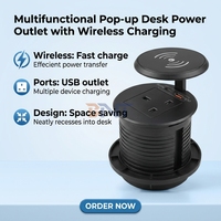 Prise de bureau encastrée ronde UK avec port USB-C et multiprise dissimulée IP44 pour mobilier de bureau