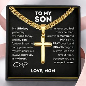Collier Croix en Acier Inoxydable Plaqué Or pour Maman et Fils, Chaîne à Maillons, Carte Message Diamantée, Bijou Chrétien Tendance et Inspirant, Cadeau - Product Image 2