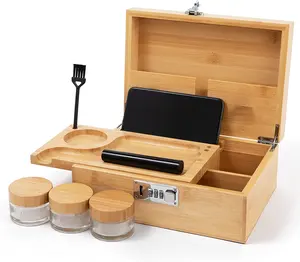 Bamboo Stash Box with Built in Combo Lock and Accessories 3 Smell Proof Storage Jars
