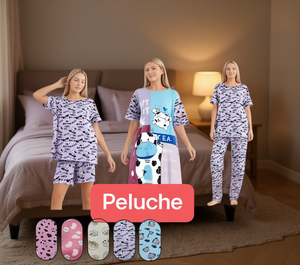 Pigiama da donna a maniche corte in cotone e fibra di bambù, stampato con motivo a cartoni animati, estivo, casual, 2 pezzi. - Product Image 2