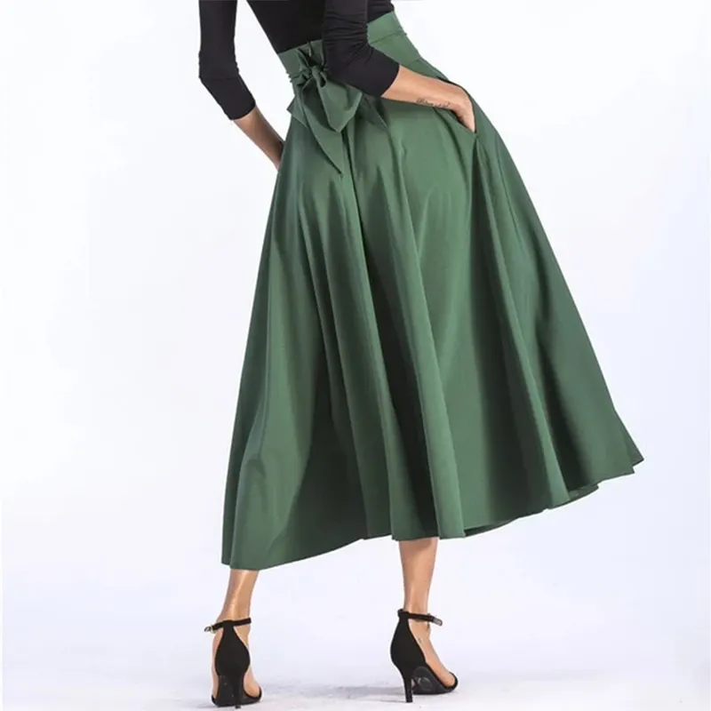 Summer New Womens skirts High Waist Folds Side Slits With Pockets Fashion Bow Belt Big Swing Hot Sell Long Skirt
