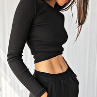 T-shirt court côtelé noir décontracté à col rond et manches longues pour femme, style coréen, écologique, sexy, coupe ajustée, automne