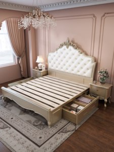 Lit capitonné de luxe en bois sculpté français, ensemble de meubles de chambre principale, lit double classique King/Queen pour villa - Product Image 3