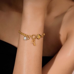 Stainless Steel 18K Gold Plated Combination Chain Zircon <b>Bracelet</b>-Heart Lock Key Pendant Design Versatile Stylish Party Jewelry - Product Image 6