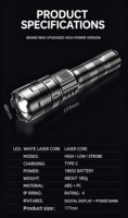 Lampe torche laser puissante rechargeable avec zoom rétractable USB pour la maison et l'extérieur, longue durée de vie de la batterie, lumière LED