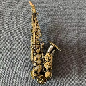 Beautiful flower engraving black nickel plated body gold lacquer key curved soprano saxophone