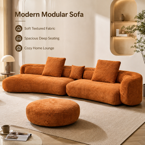 Divano Modulare Boucle Arancione Bruciato in Tessuto Morbido Testurizzato con Cuscini Profondi e Spaziosi, Silhouette Curva e Pouf Abbinato per la Casa - Product Image 1