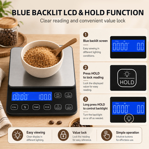 Báscula digital electrónica de cocina con pantalla LCD retroiluminada en azul de alta precisión, temporizador, función tara, interruptor de unidad PCS, para pesar alimentos. - Product Image 3